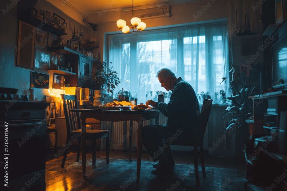 Reflective moments an elderly man dining alone in a cozy kitchen evening light intimate scene solitude concept Reflective moments an elderly man dining alone in a cozy kitchen evening light intimate scene solitude concept