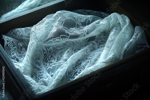 A delicate, lace handkerchief in a dark, mysterious box photo