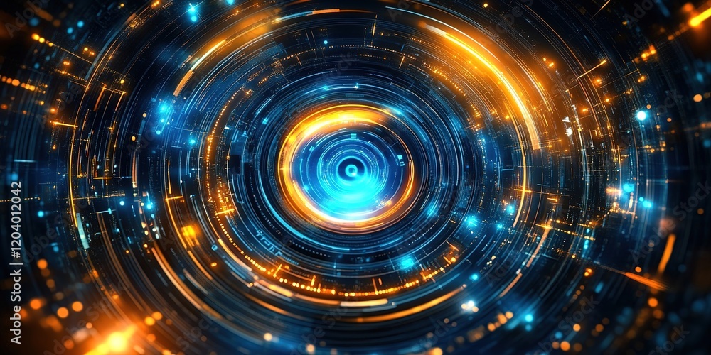 Obraz premium Abstract futuristic digital background with glowing circular elements and circuit board patterns. 