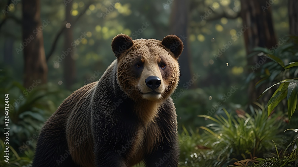 Fototapeta premium A close-up of a bear in a lush forest setting, showcasing wildlife in its natural habitat.