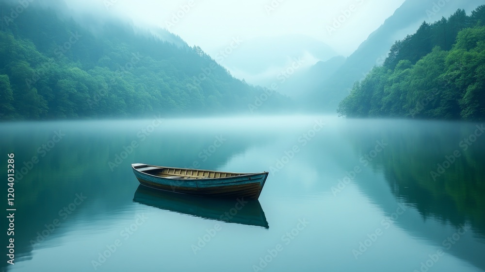 A Tranquil Rowboat Resting on a Foggy Mountain Lake Surrounded by lush forests A Tranquil Rowboat Resting on a Foggy Mountain Lake Surrounded by lush forests