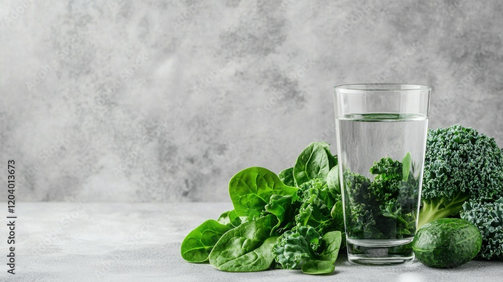 A refreshing glass of water sits beside fresh greens, including spinach and broccoli, against a textured gray background, emphasizing a healthy lifestyle. A refreshing glass of water sits beside fresh greens, including spinach and broccoli, against a textured gray background, emphasizing a healthy lifestyle.