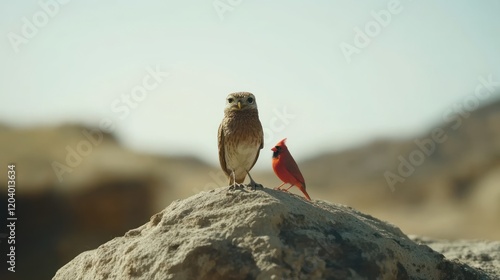 Two birds, a brown bird and a cardinal, perched on a rock in a desert landscape. photo