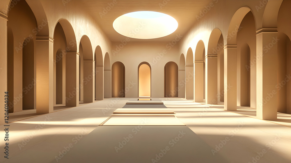 Sunlit arched hall interior, minimalist architecture, peaceful ambiance, product display background Sunlit arched hall interior, minimalist architecture, peaceful ambiance, product display background