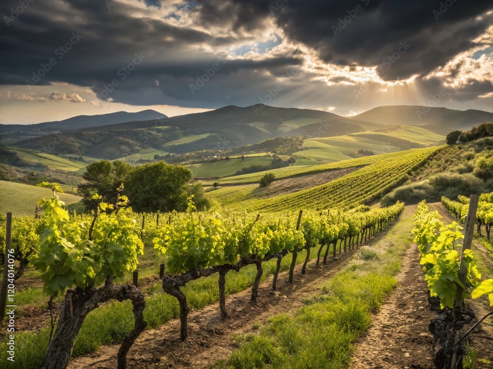 Fototapeta premium Spanish Vineyard Spring Blossoms: Lush Green Landscape, Rolling Hills, Sunlit Grapes