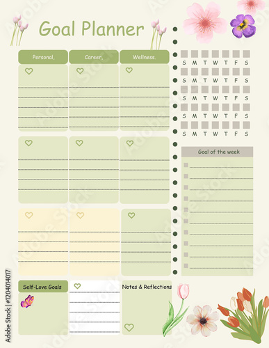 Goal Planner  A clean pastel-themed Soft green and light yellow colors wiht minimalist floral accents like clovers and spring blossoms. 