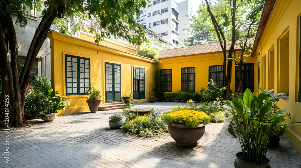 Sunlit yellow building courtyard garden peaceful oasis urban escape