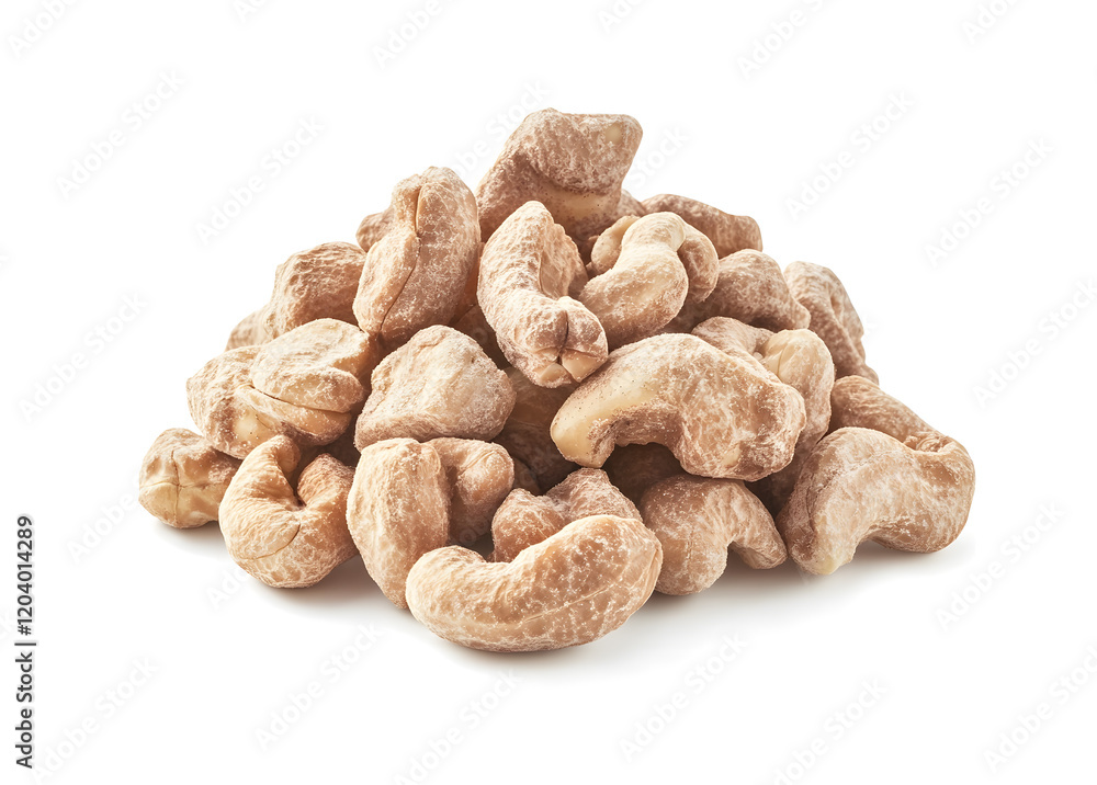 Fototapeta premium A close-up shot of a pile of raw cashew nuts on a white background. Perfect for food-related designs, healthy lifestyle concepts, and culinary presentations.