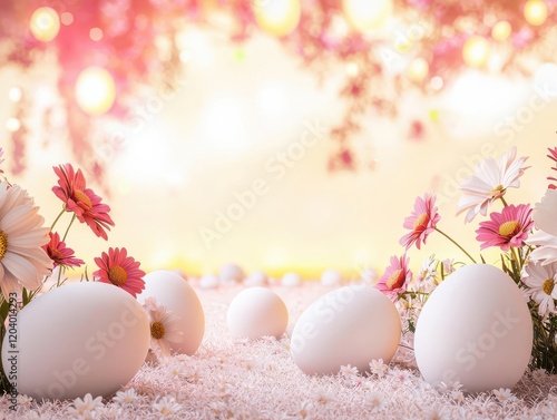 Pastel flowers and eggs in a serene spring setting.