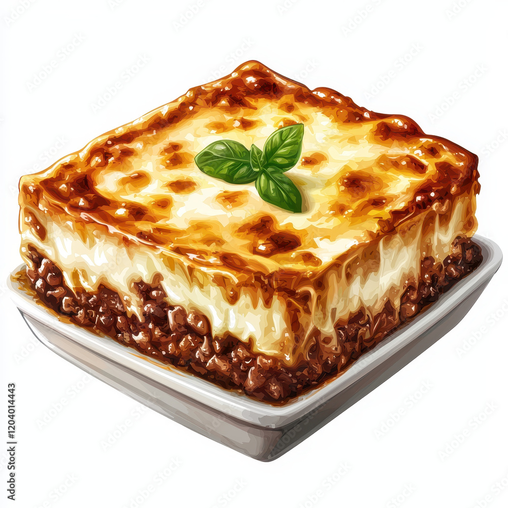 Delicious moussaka with layers of meat and creamy sauce, garnished with basil Delicious moussaka with layers of meat and creamy sauce, garnished with basil