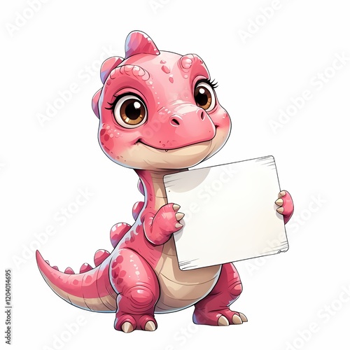 Watercolor pink cartoon dinosaur holding a blank sign for text on white background. Animal for children's book, nursery decor, and birthday party.