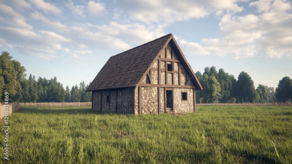 Stone house in a green field under a blue sky. Stone house in a green field under a blue sky.