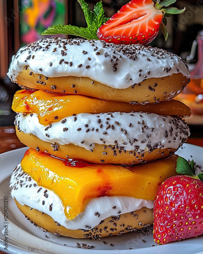 Delightful Tower of Bagels Stacked High With Creamy Toppings and Fruity Jams photo