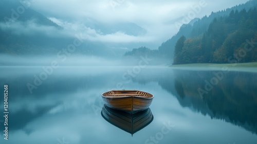 Fototapeta Naklejka Na Ścianę i Meble -  Wooden boat gently rests on a tranquil lake surrounded by misty mountains, reflecting nature's serene beauty in a hushed dawn.