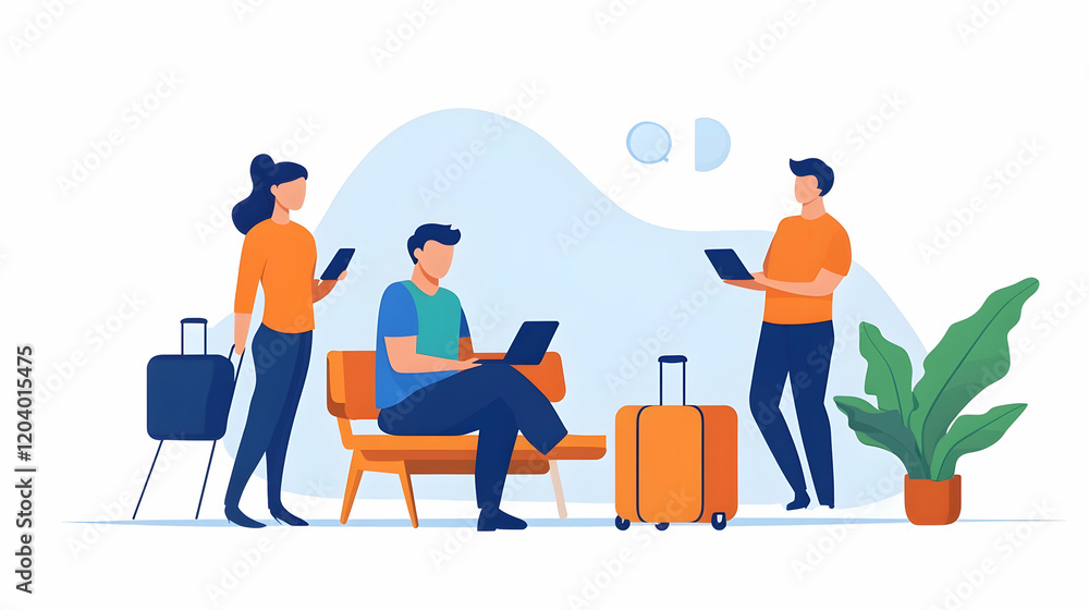 Travelers using devices at airport lounge, waiting for flight, tropical plant background; website banner Travelers using devices at airport lounge, waiting for flight, tropical plant background; website banner