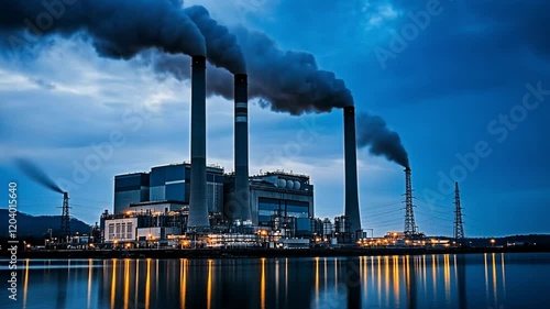 The industrial city suffers from air pollution as smoke billows from the coal power plant's chimney, impacting the environment and global energy production photo