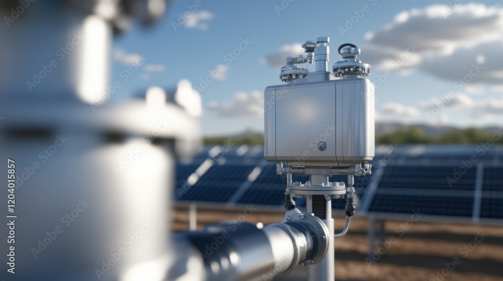 Large scale power transformer in renewable energy setting, showcasing advanced technology and solar panels in background. scene reflects innovation and sustainability Large scale power transformer in renewable energy setting, showcasing advanced technology and solar panels in background. scene reflects innovation and sustainability