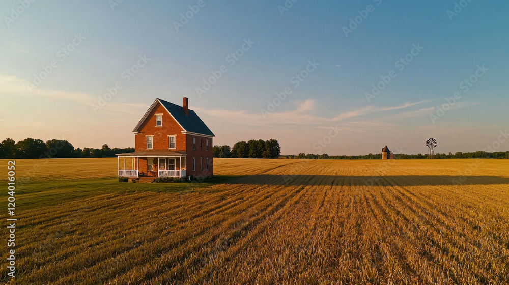 Traditional Red Brick Farmhouse in Expansive Golden Field Under Clear Sky Traditional Red Brick Farmhouse in Expansive Golden Field Under Clear Sky