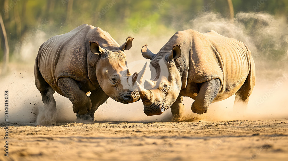 Fototapeta premium Two rhinos fighting in African savanna; dust flies; wildlife battle; nature conservation