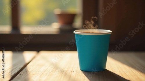 Wallpaper Mural Warm Beverage in a Teal Disposable Cup on Wooden Table in Sunlight Torontodigital.ca