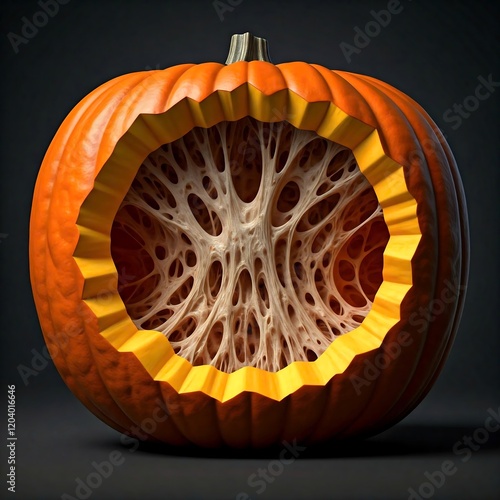 A pumpkin with a large hole and a slimy interior,   Rotting pumpkin, food waste, unhealthy food, slimy interior, disgusting, repulsive, food safety, health risks, food poisoning, bacteria, microbiolog photo