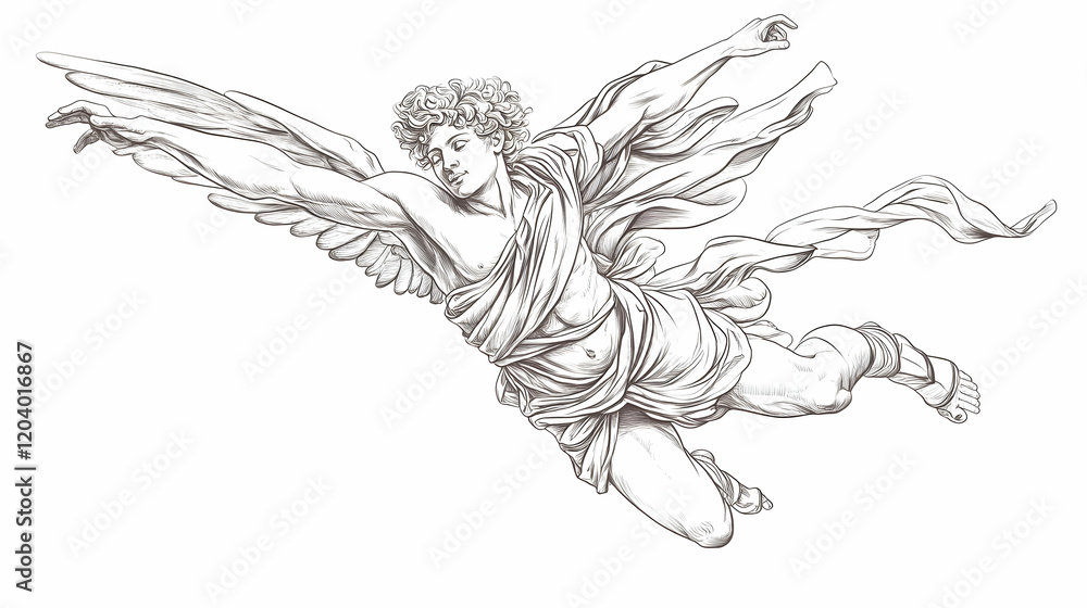 Winged Angel in Flight, Classical Sculpture, Artistic Sketch, Religious Mythology, Design Element Winged Angel in Flight, Classical Sculpture, Artistic Sketch, Religious Mythology, Design Element