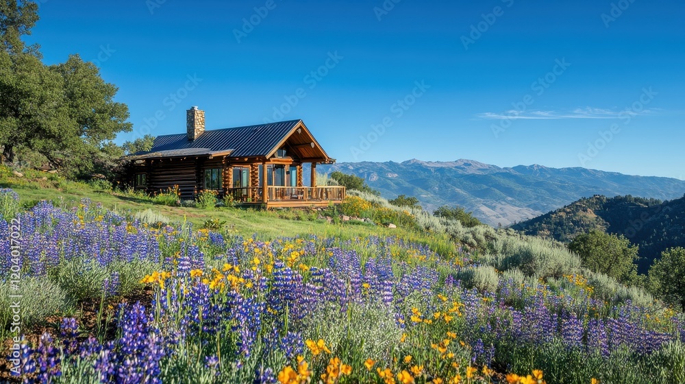 A house with a porch sits on a hillside with a beautiful view of the mountains A house with a porch sits on a hillside with a beautiful view of the mountains
