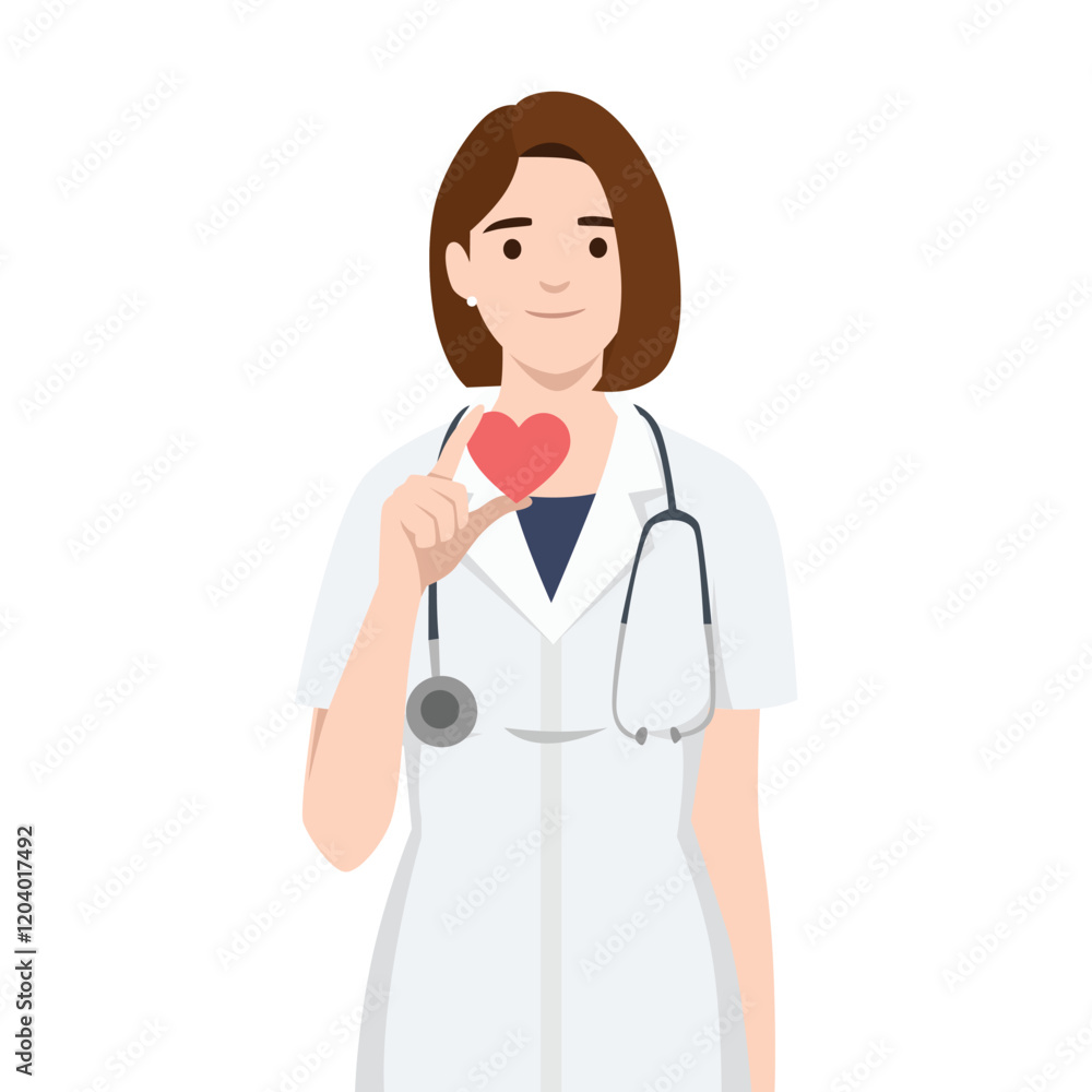 Woman healthcare professional wearing a white coat and stethoscope, holding a red heart symbol. Flat vector illustration isolated on white background Woman healthcare professional wearing a white coat and stethoscope, holding a red heart symbol. Flat vector illustration isolated on white background