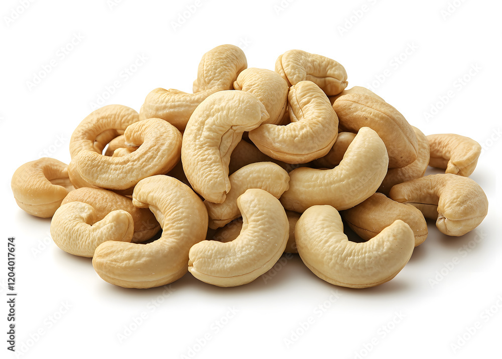 A close-up shot of a pile of raw cashew nuts on a white background. Perfect for food-related designs, healthy lifestyle concepts, and culinary presentations. A close-up shot of a pile of raw cashew nuts on a white background. Perfect for food-related designs, healthy lifestyle concepts, and culinary presentations.