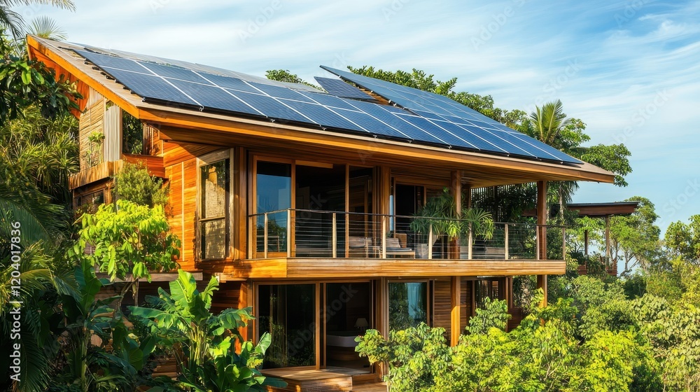 A large wooden house with a lot of windows and a solar panel on the roof A large wooden house with a lot of windows and a solar panel on the roof