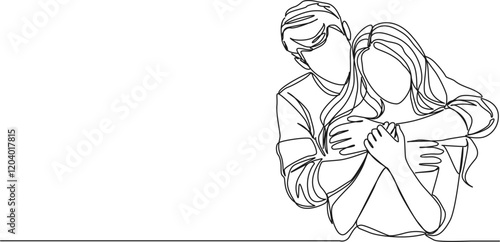 continuous single line drawing of couple hugging, man wrapping arms around woman from behind, line art vector illustration