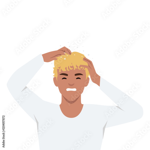 Man scratching his head, distressed, with flakes suggesting dandruff or an itchy scalp. Flat vector illustration isolated on white background