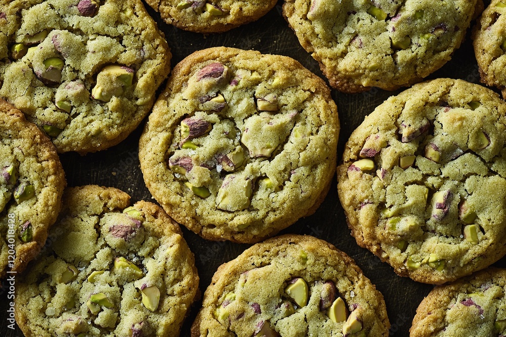 Fototapeta premium Freshly baked pistachio cookies arranged in a creative pattern on a dark surface