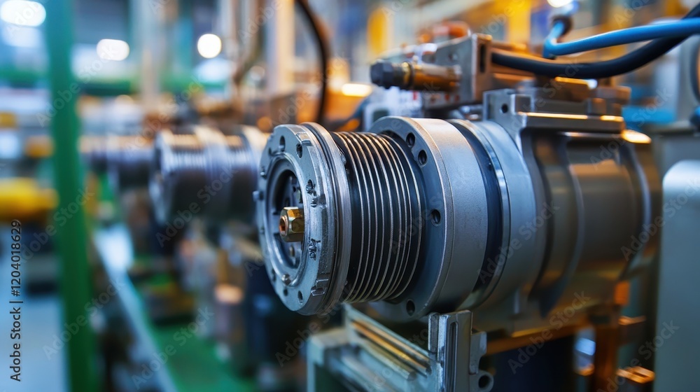 Close-up view of electric motor wiring and components, showcasing metal parts within a petrochemical plant. Close-up view of electric motor wiring and components, showcasing metal parts within a petrochemical plant.