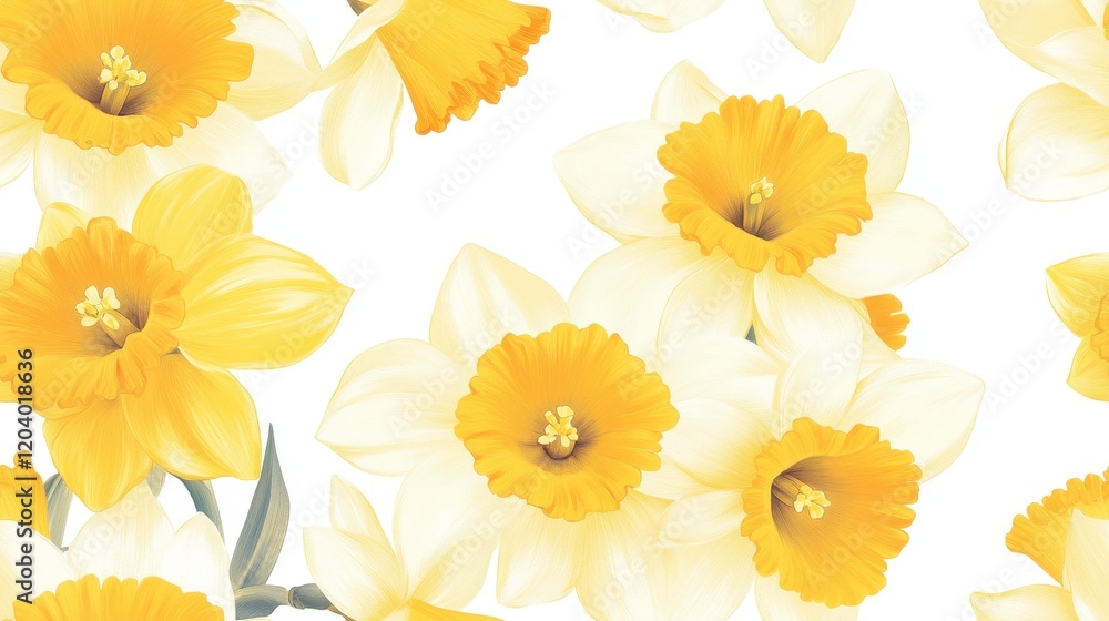 Mini yellow daffodils on a white background, vibrant floral design, perfect for textiles, wallpapers, and decorative projects Mini yellow daffodils on a white background, vibrant floral design, perfect for textiles, wallpapers, and decorative projects