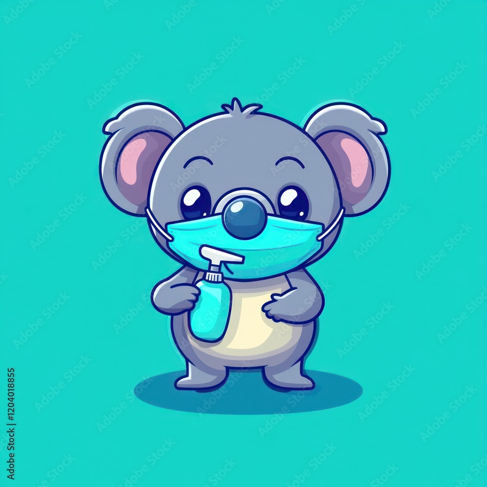Fototapeta premium Koala wearing mask, holding sanitizer, teal background, hygiene illustration