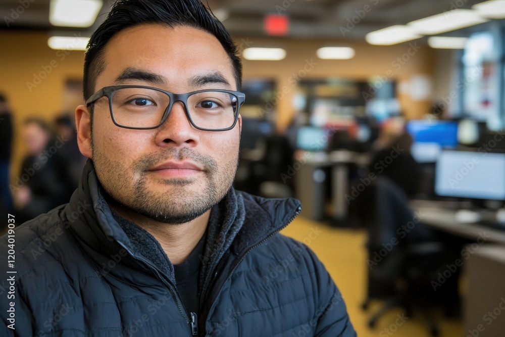 Obraz premium Portrait of a man in glasses, in an office setting. He looks directly at the camera with a neutral expression.