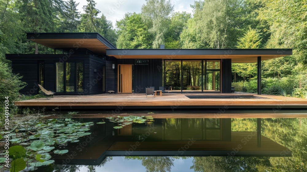 A large black house with a wooden deck and a pool A large black house with a wooden deck and a pool
