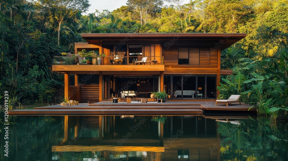 A large wooden house with a pool and a lush green forest in the background A large wooden house with a pool and a lush green forest in the background