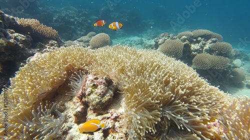 Two clownfish swim near a large sea anemone on a coral reef. Sunlight filters through the water. photo