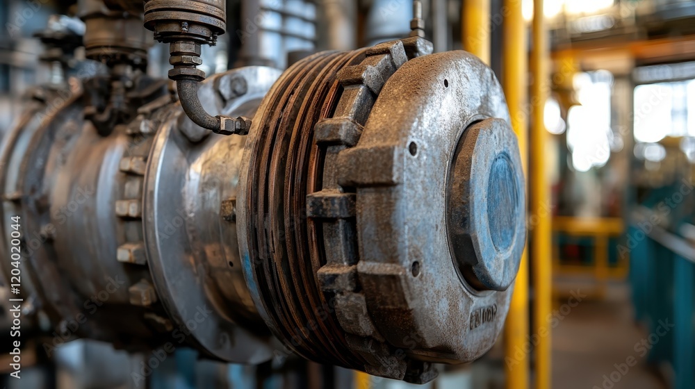 Electric motor close-up, emphasizing secure connections and metal casing in a petrochemical plant. Electric motor close-up, emphasizing secure connections and metal casing in a petrochemical plant.