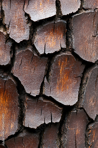 Close-up of textured  dark bark exhibiting cracks and patterns  showcasing the natural beauty of aged wood.