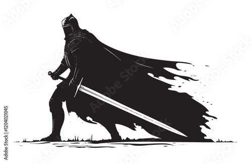 A knight is shown in a black and white image, holding a sword