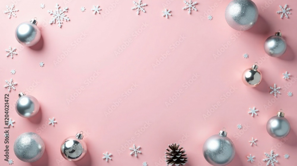 Fototapeta premium Pink Background with Silver and Gold Ornaments and Snowflakes for Festive Season
