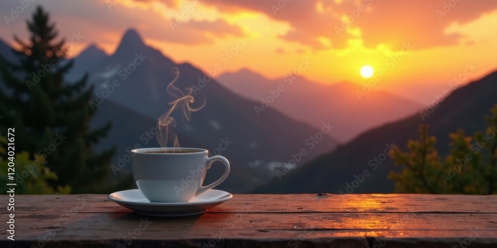 Serene Sunset Mountain View with Steaming Cup of Coffee on Wooden Table Serene Sunset Mountain View with Steaming Cup of Coffee on Wooden Table