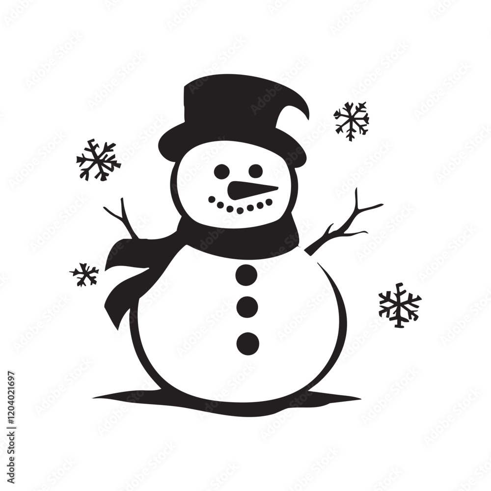 A black and white snowman with a hat and scarf A black and white snowman with a hat and scarf