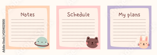 Cute to do list templates set. Kawaii design of daily planner, schedule or checklist. Perfect for agenda, planning, memo, notes, self-organization. Hand-drawn illustration. Stationery for children.