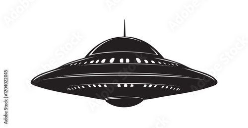 A black and white drawing of a UFO flying in the sky