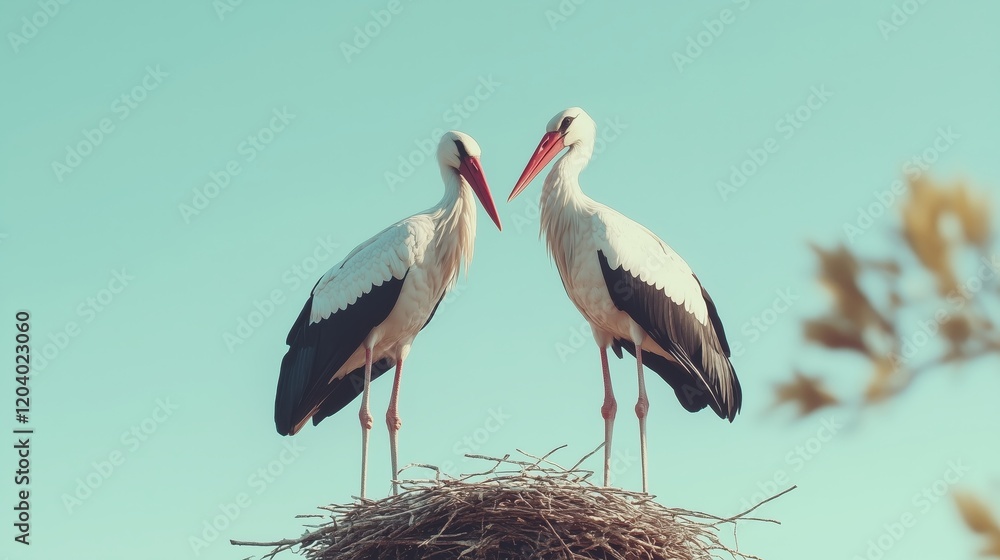 Fototapeta premium Two graceful storks stand tall on their nest, silhouetted against a bright blue sky, symbolizing unity and the promise of new life in nature.