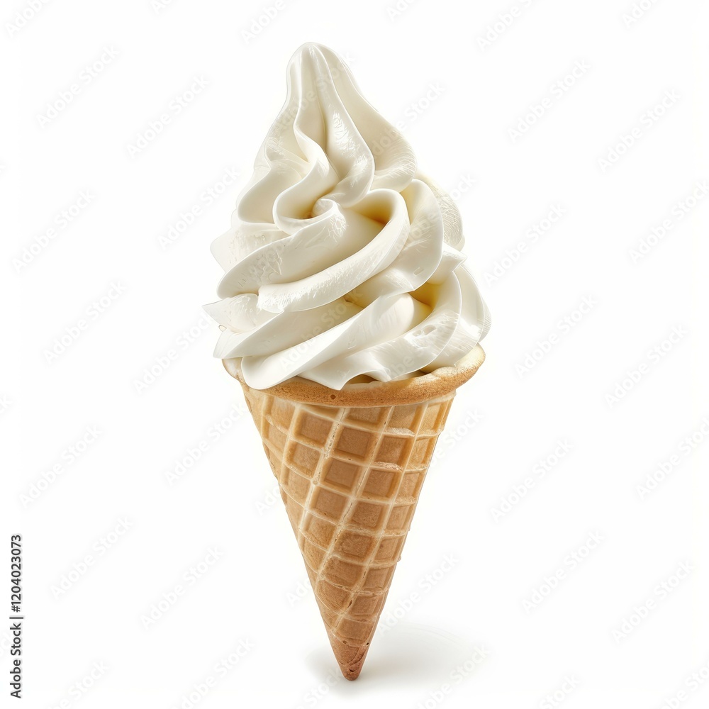 Creamy vanilla soft serve ice cream is presented in a crispy waffle cone, creating a sweet and refreshing treat Creamy vanilla soft serve ice cream is presented in a crispy waffle cone, creating a sweet and refreshing treat